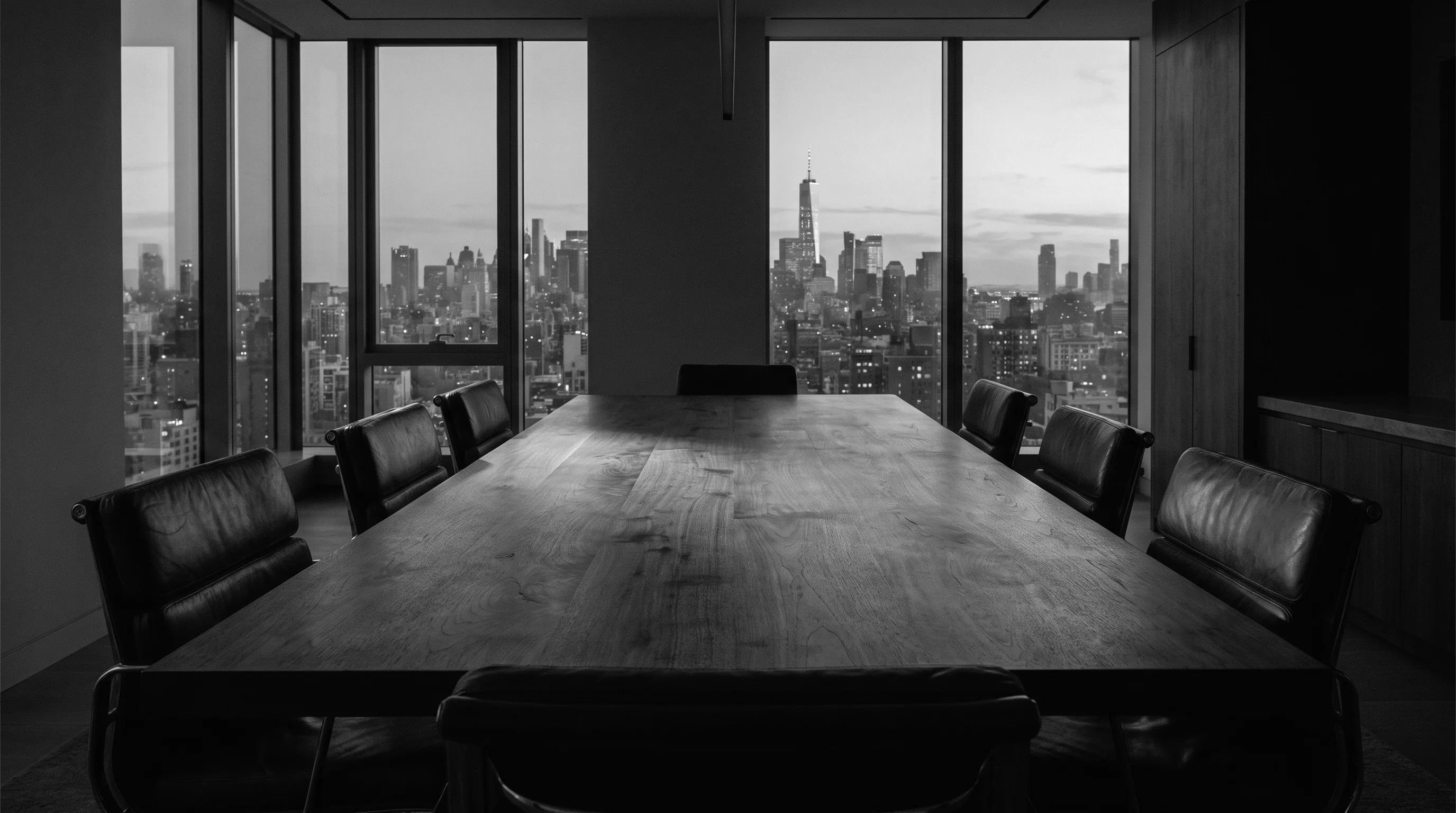 A private boardroom at dusk overlooking the Manhattan skyline