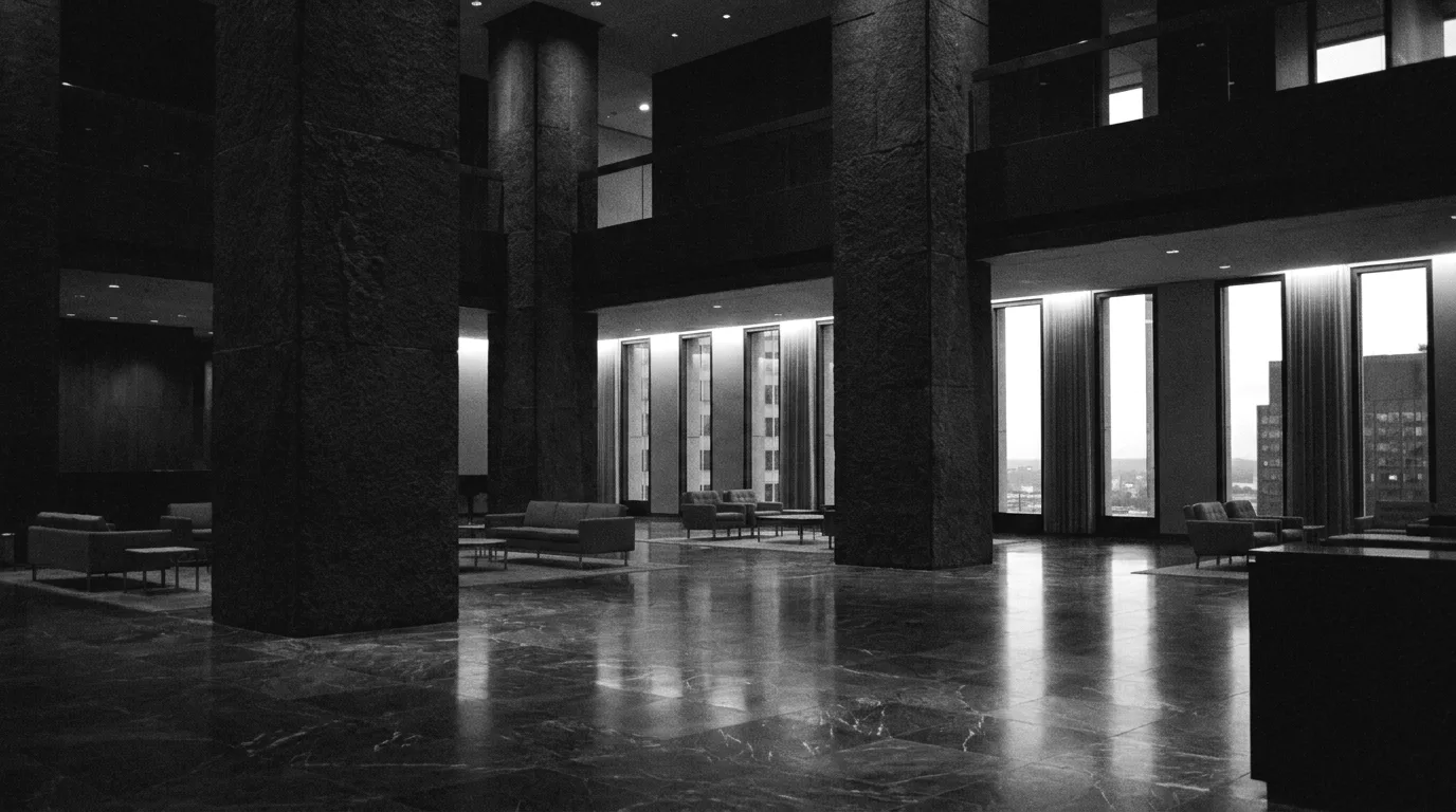 A grand modernist financial institution lobby at dusk
